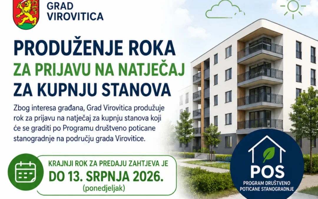 Grad Virovitica: produžuje se rok za prijavu na natječaj za kupnju POS-ovih stanova do 13. srpnja 2026. godine
